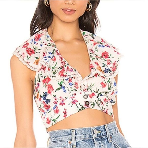 Lovers & Friends NWT Size Medium, Off-White Floral Crop Top, 100% Cotton - Picture 2 of 9